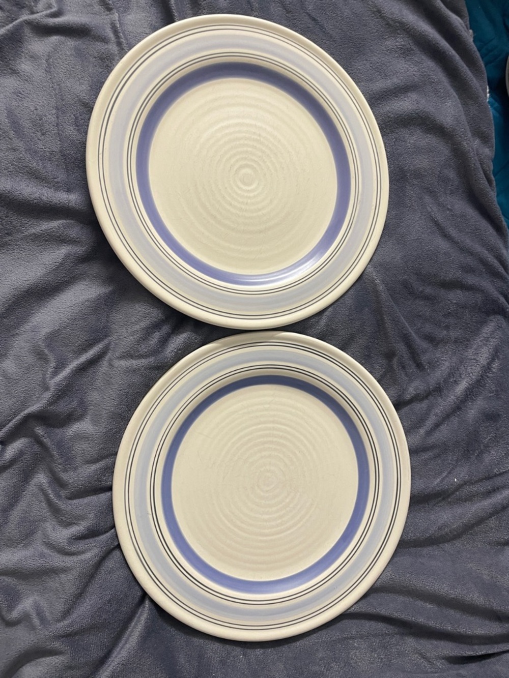 Pfaltzgraff Cream 10” Dinner Plates with Lavender-Blue Band - Set of 2